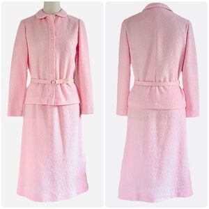 VTG 80s Leslie Fay Light Pink Tweed Pearl Button Blazer & Skirt Set Womens sz 8